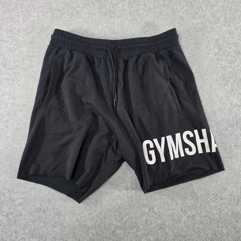 Gymshark Mens Black Logo Graphic Drawstring Raw Hem Athletic Shorts Size M